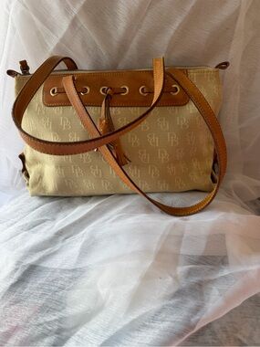 Dooney & Bourke Beige Canvas Shoulder Bag with Tan Leather Trim